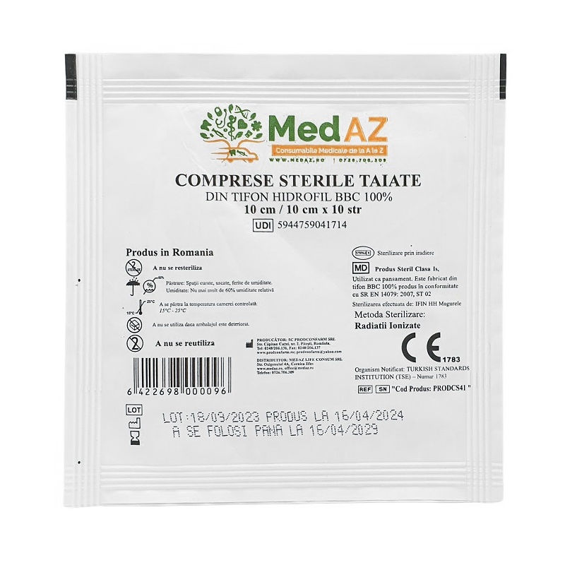 Comprese tifon sterile, taiate 10 x 10 cm x 10 straturi - 1 buc