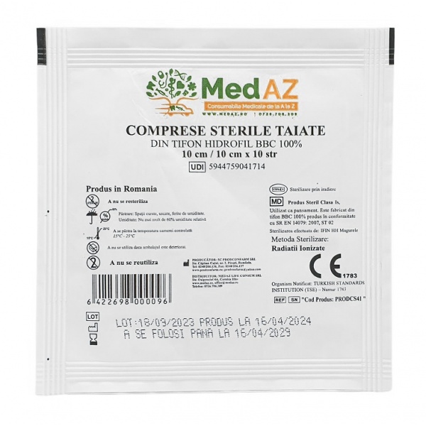 Comprese tifon sterile, taiate 10 x 10 cm x 10 straturi - 1 buc