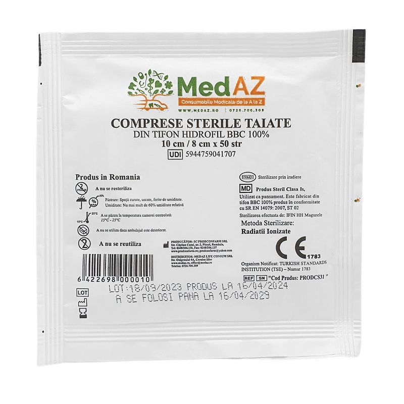 Comprese tifon sterile, taiate 10 x 8 cm - 50 straturi