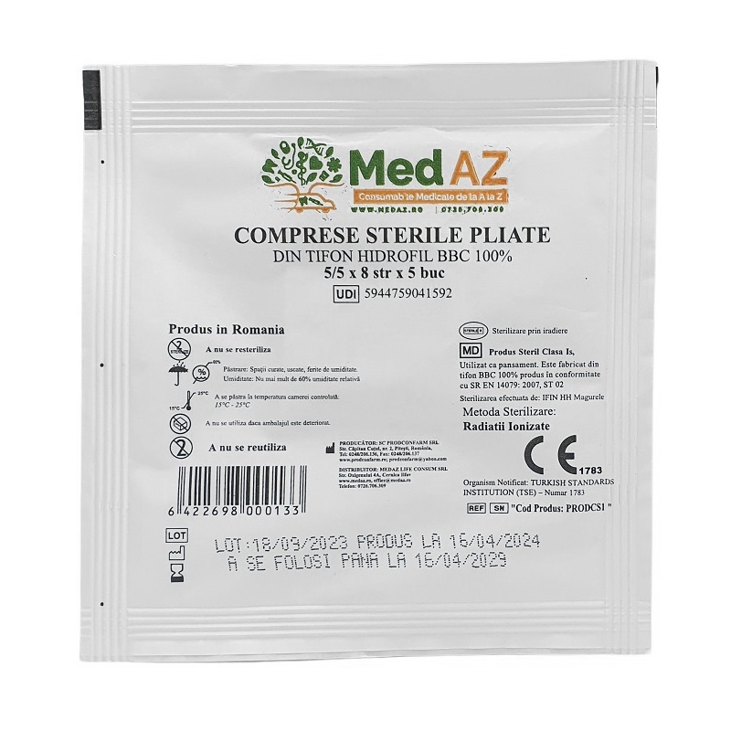 Comprese tifon sterile, impaturite 5 x 5 cm x 8 straturi - 5 buc