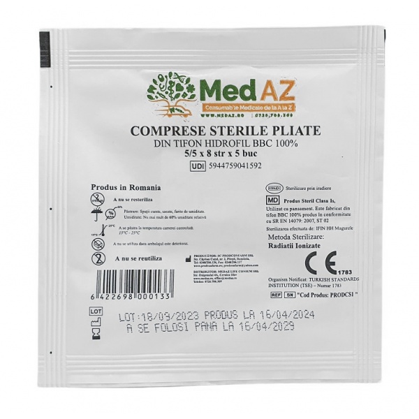 Comprese tifon sterile, impaturite 5 x 5 cm x 8 straturi - 5 buc