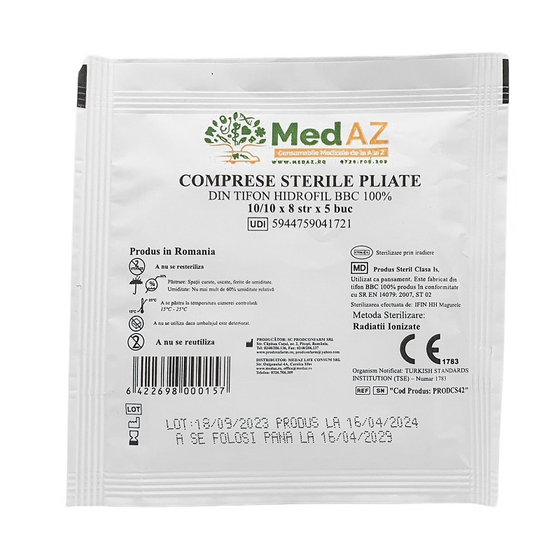 Comprese tifon sterile, impaturite 10 x 10 cm x 8 straturi - 5 buc