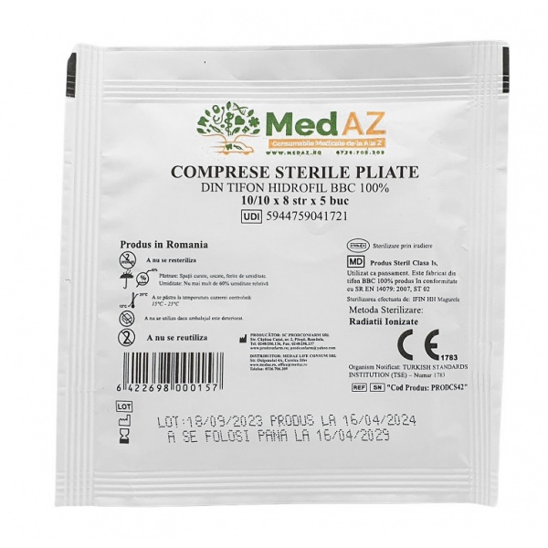 Comprese tifon sterile, impaturite 10 x 10 cm x 8 straturi - 5 buc