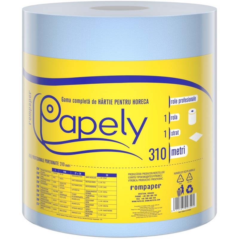 Rola prosop hartie reciclata 1 strat - Albastra - Papely - 310 metri
