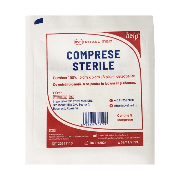 Help - Comprese Tifon Sterile cu Detectie Rx - 5 x 5 cm - 8 pliuri - 100 buc