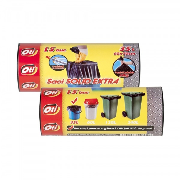 Saci menaj SOLID EXTRA, 35 l., negru, 50x70 cm., 15 buc./rola