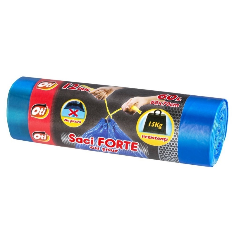 Saci menaj FORTE cu snur 60L, 60 x 70 cm, 12 buc./rola