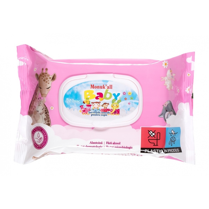 Monukall - Servetele umede cu capac pentru copii, pink - 72 buc